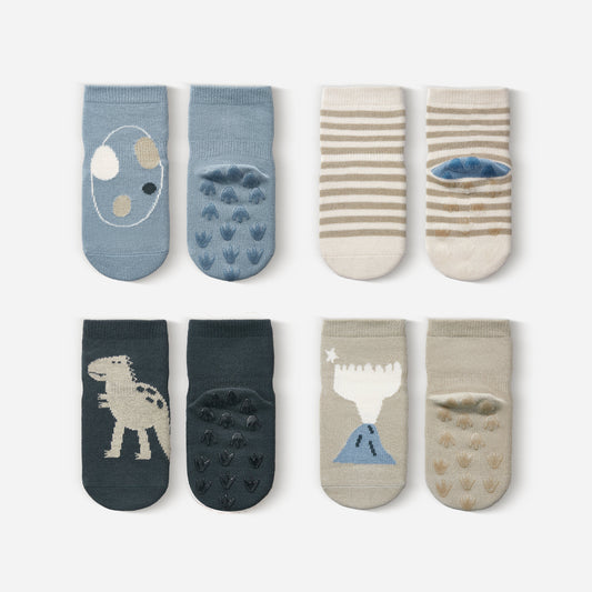 New- Dinosaur- Organic- 4 Pairs of Stay-On Baby & Toddler Non-Slip Socks